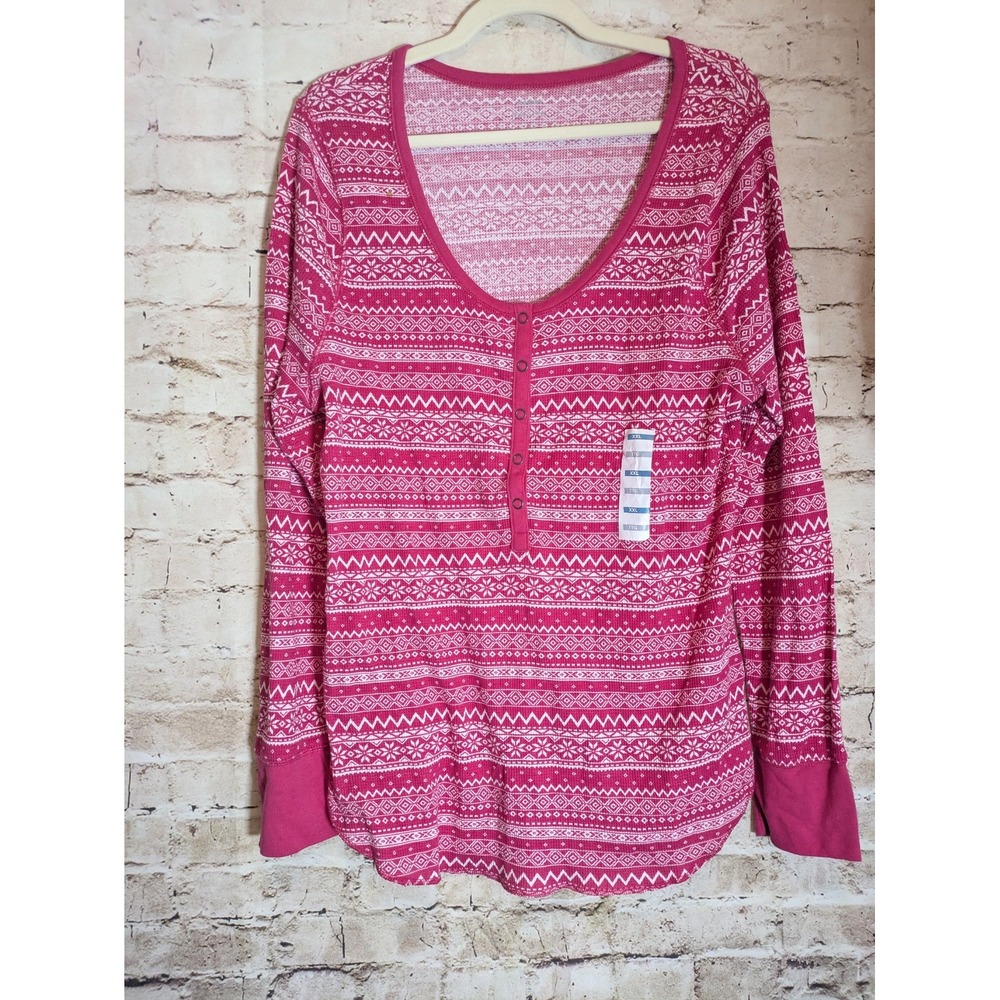 Old Navy Thermal Henley Top XXL Pink Fair Isle Print Cotton Pullover Stretch